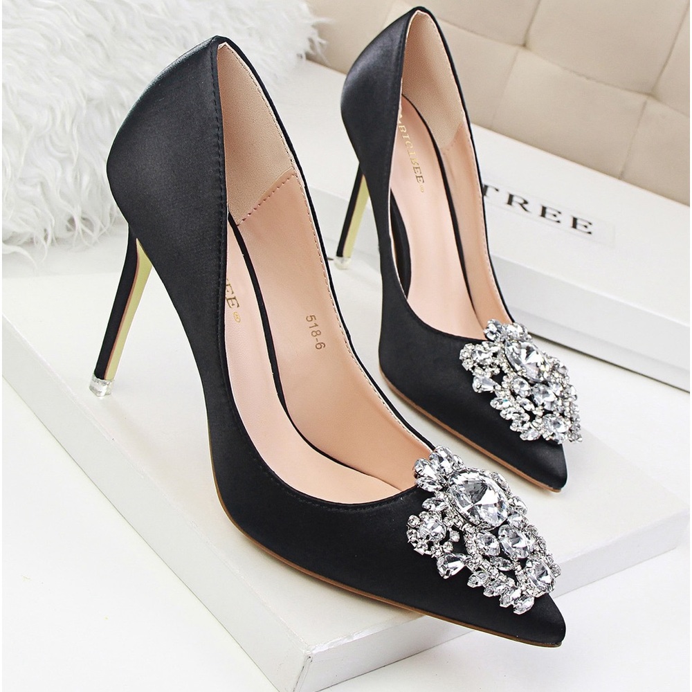 Rhinestone Decor Satin Stiletto Court Heels - Picture 4 of 4